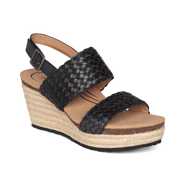 Aetrex Women's Summer Woven Quarter Strap Wedge Sandals Black Sandals UK 2532-132